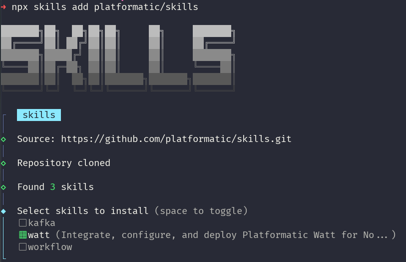 Selecting the watt skill with npx skills add