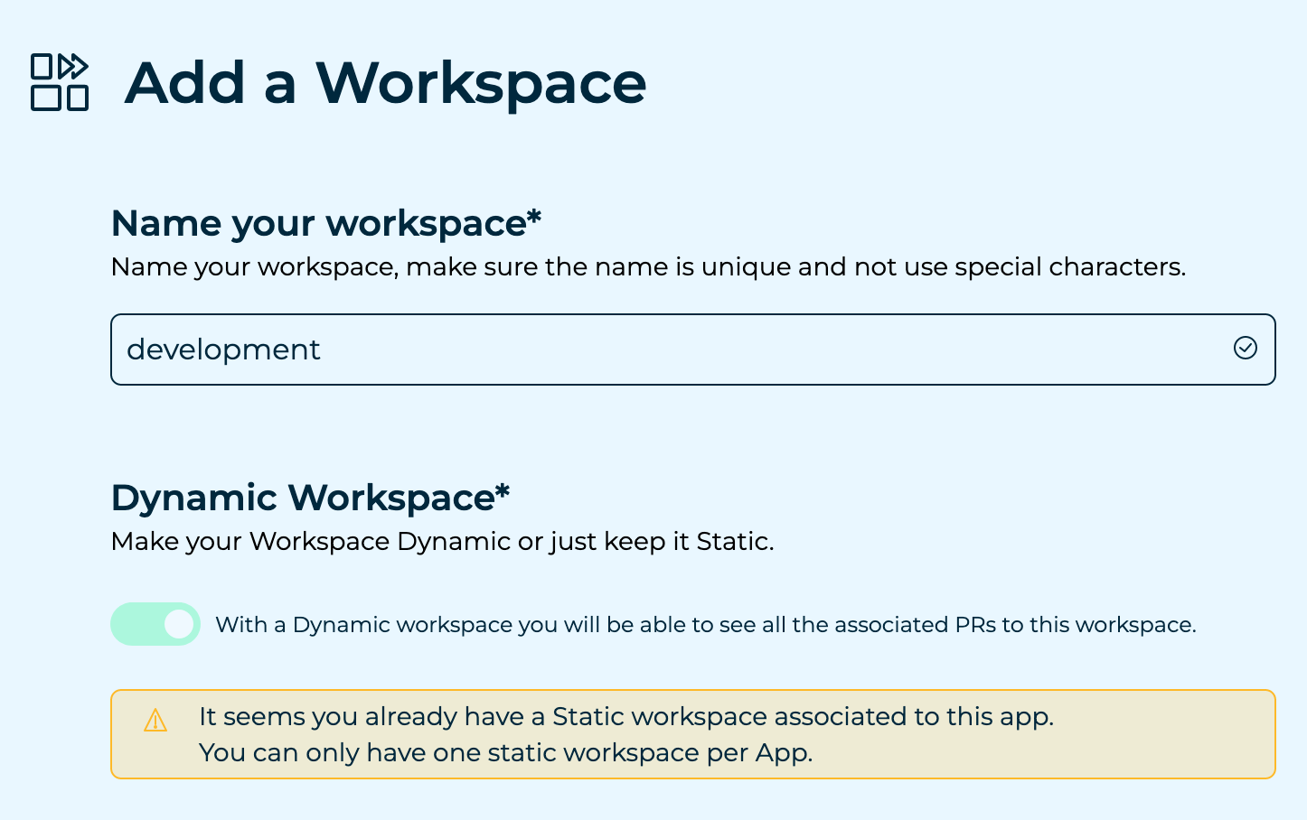Screenshot of the create app workspace screen